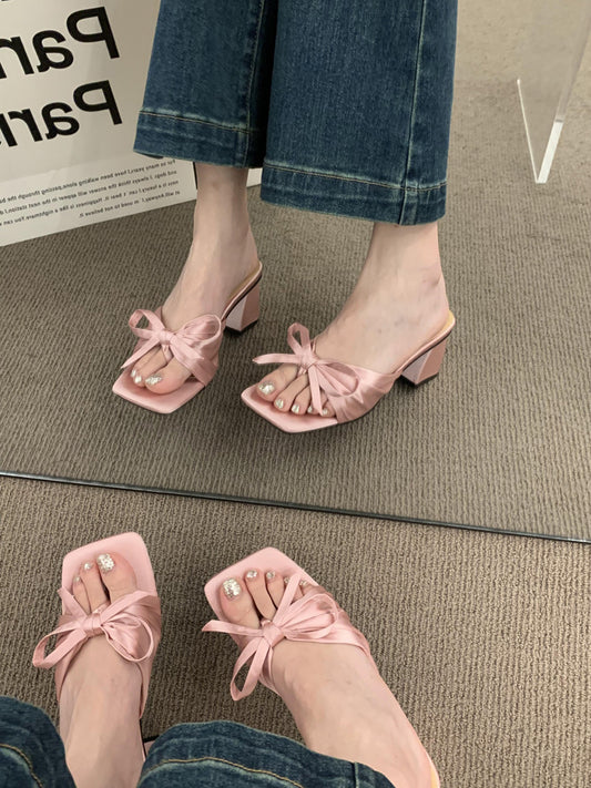 French-style High-end Satin Bow Thick Heel Sandals for Women2023New summer open-toe high heels