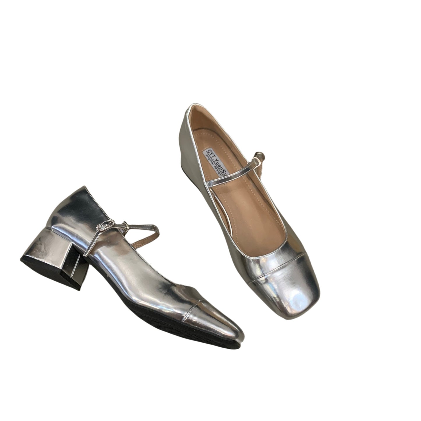 Women's Red Chunky Heel Shoes2023 New Summer Mid-High Heels silver Mary Jane Shoes for Dresses Evening Shoes
