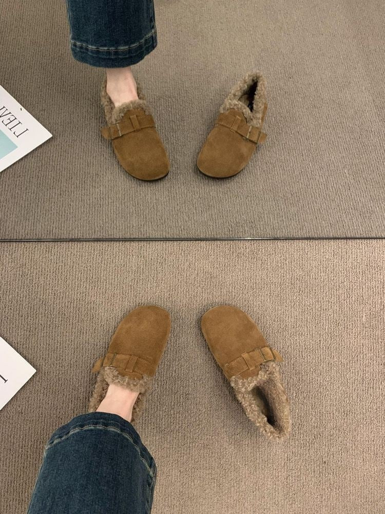 Japanese Mori Girl Style Retro Soft Leather Birkenstock Shoes for Women with Fleece Lining2024Autumn and Winter New Style Height-Increasing Warm Cotton Loafers