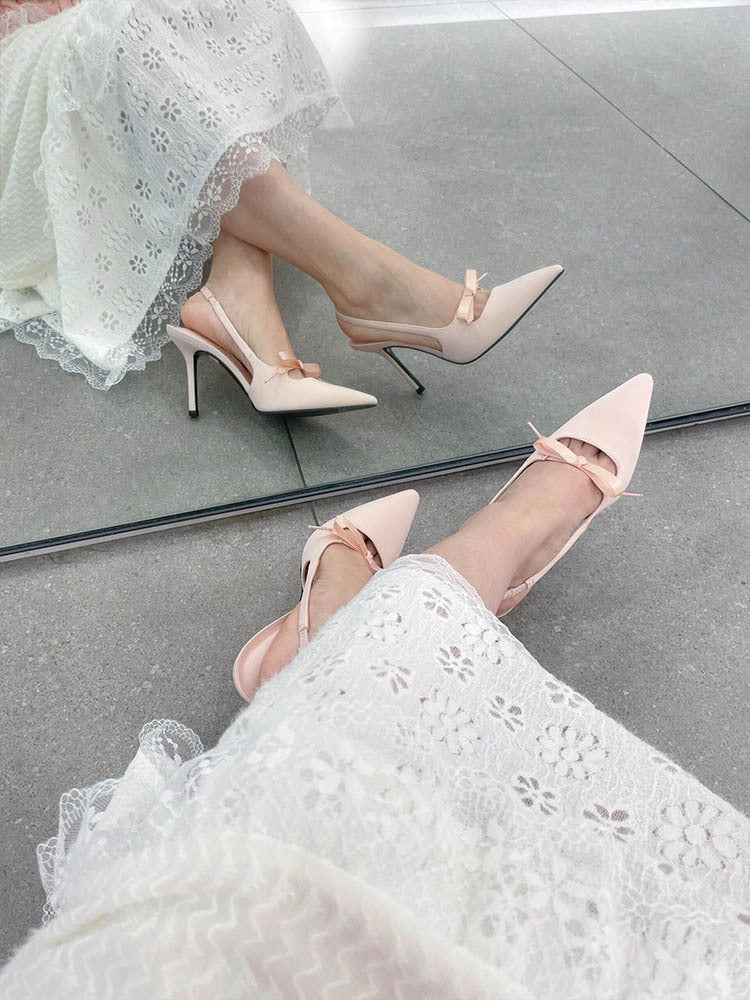 2025New French Style Pointed Toe Bow High Heels Women's Stiletto Sandals Elegant Versatile Shallow Mouth Shoes