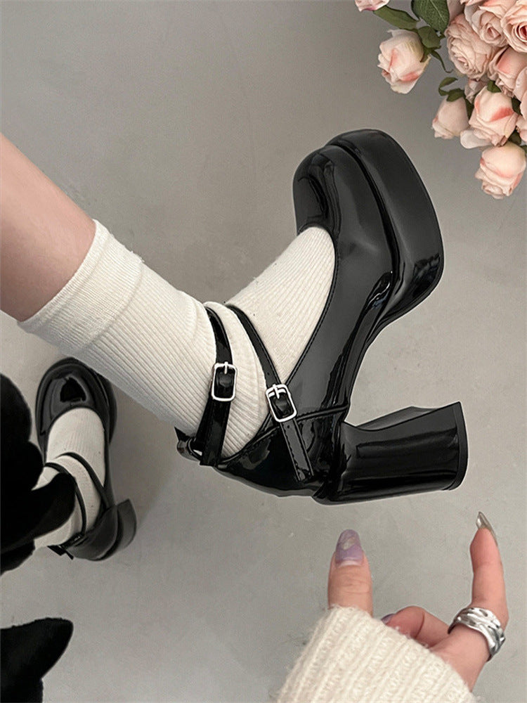 French style red high heels for women2024New Year's New Matching Skirt Temperament Thick Heel Mary Jane Shoes