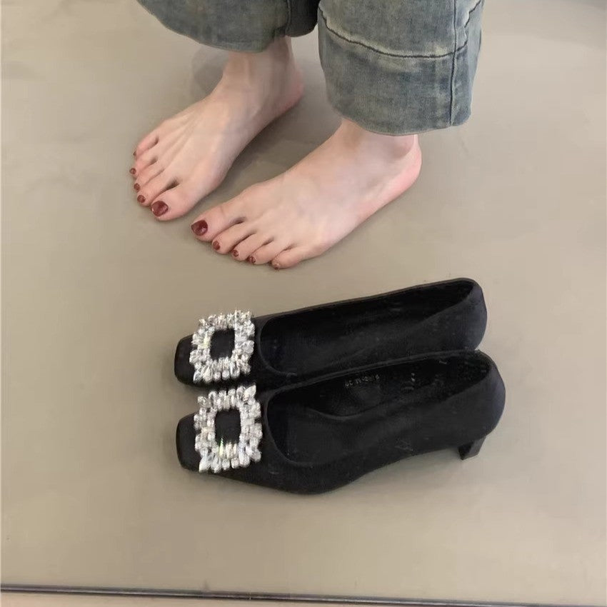 Elegant High Heels for Women2025New Year's New French Elegant Evening Style Rhinestone Square Toe Shallow Mouth Thick Heel Commuting Women's Shoes