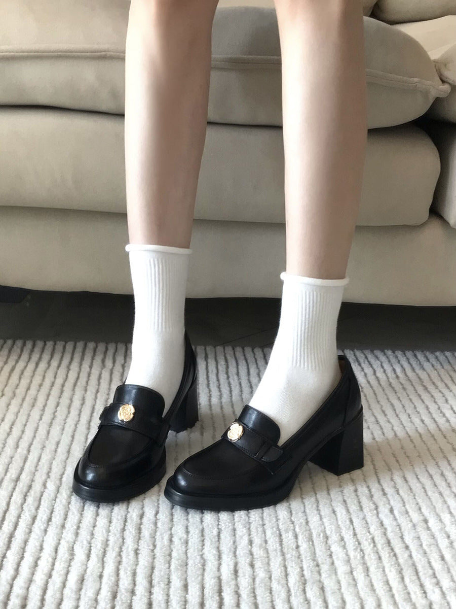 Camellia Loafers for Women2024New French Style Chunky Heel Black High Heel British Style Small Leather Shoes