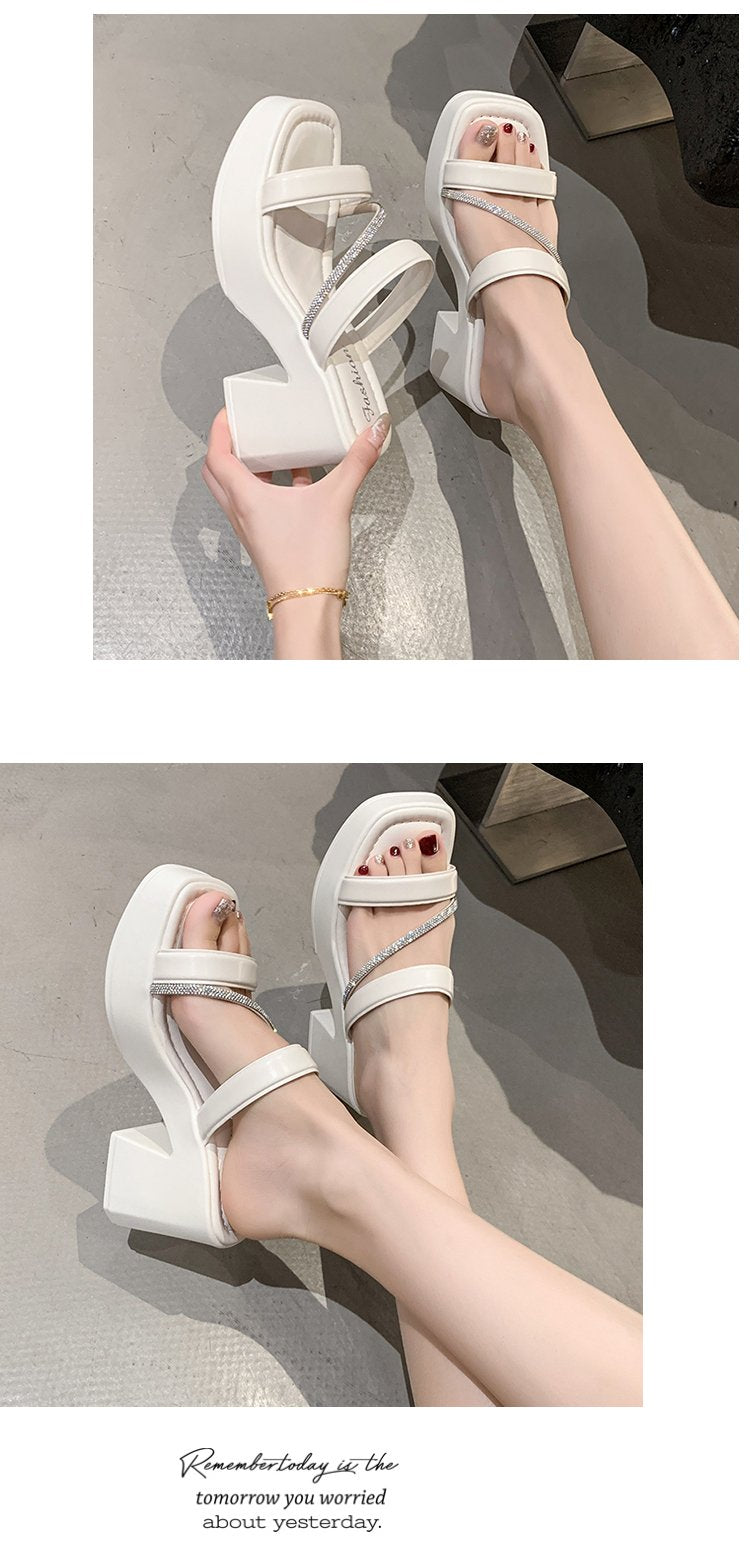 Solid Color Rubber Chunky Heel PU High Heel Slippers
