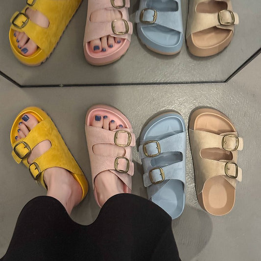 Solid Color Rubber Mid Heel(3-5cm)Platform Sole Suede Slippers