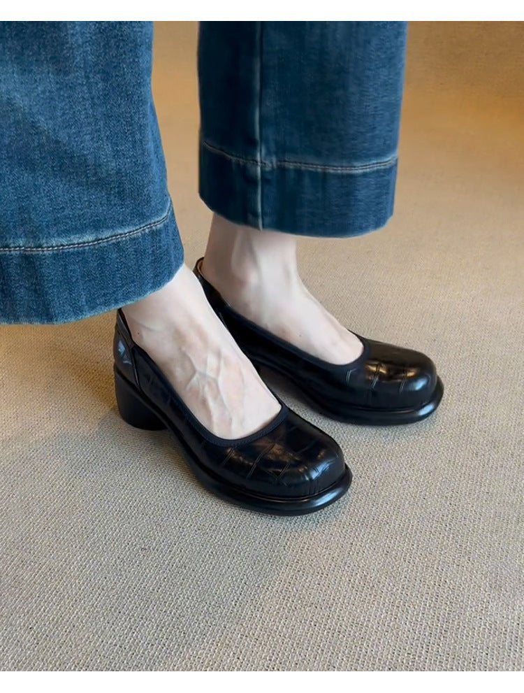 Vintage Shallow Mouth Single Shoes for Women, Round Toe, Chunky Heel, Slip-On Mary Jane Shoes, British Style Small Leather Shoes