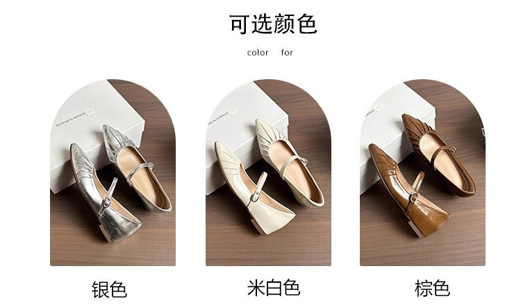 Height Increasing Insole Women's Shoes2024Summer New Retro One-Strap Mary Jane Pleated Pointed Toe Shoes