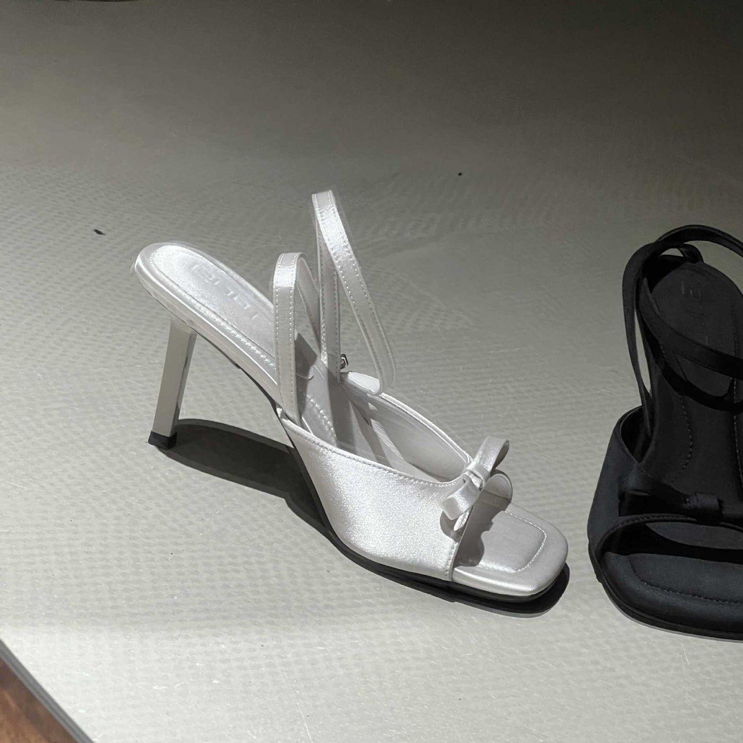 Ankle Strap silver Satin Bow High Heel Sandals Thin Heel Open Toe Women's Sandals Elegant