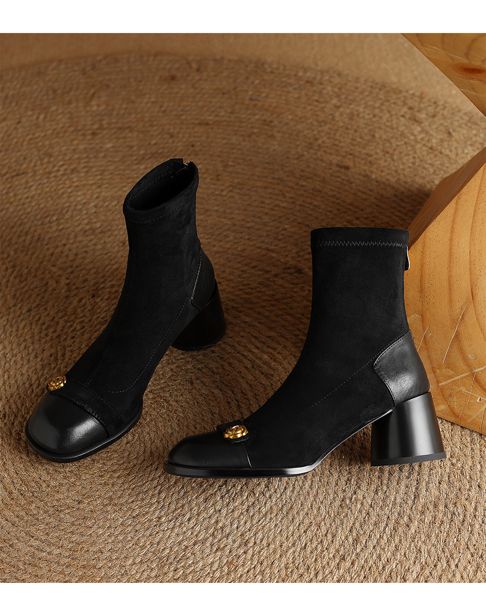 Patchwork Suede Camellia High Heel Chunky Heel Short Boots for Women Stretch Slim Boots Plus Size