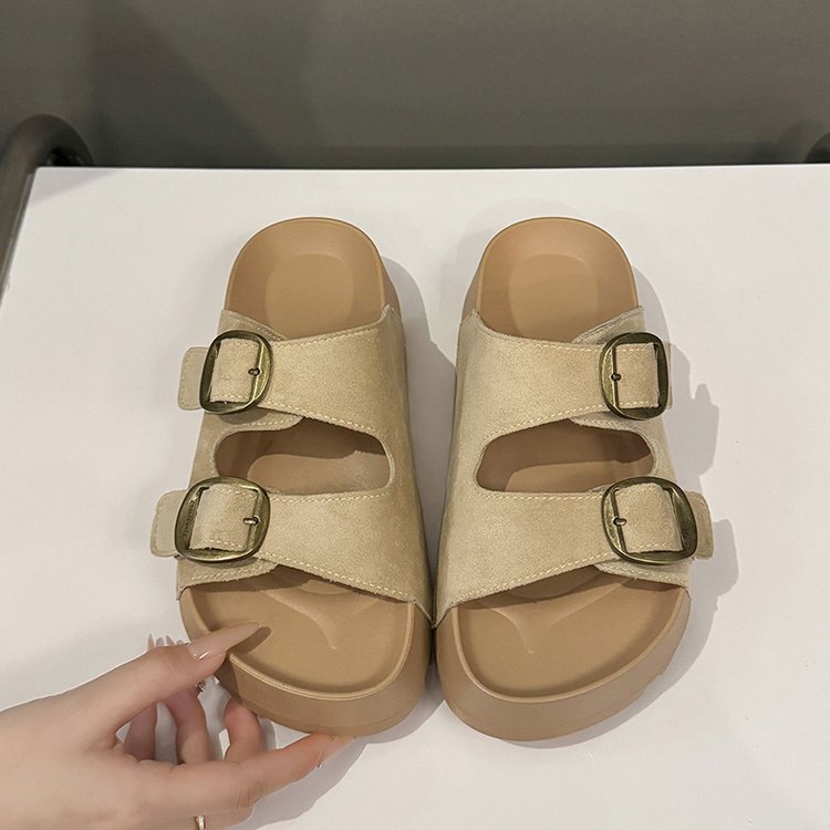 Solid Color Rubber Mid Heel(3-5cm)Platform Sole Suede Slippers
