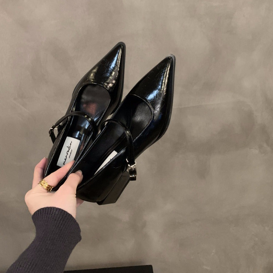 French style mid-high heel black pointed toe women's shoes2024New Spring Autumn Winter Mary Jane Evening Shoes