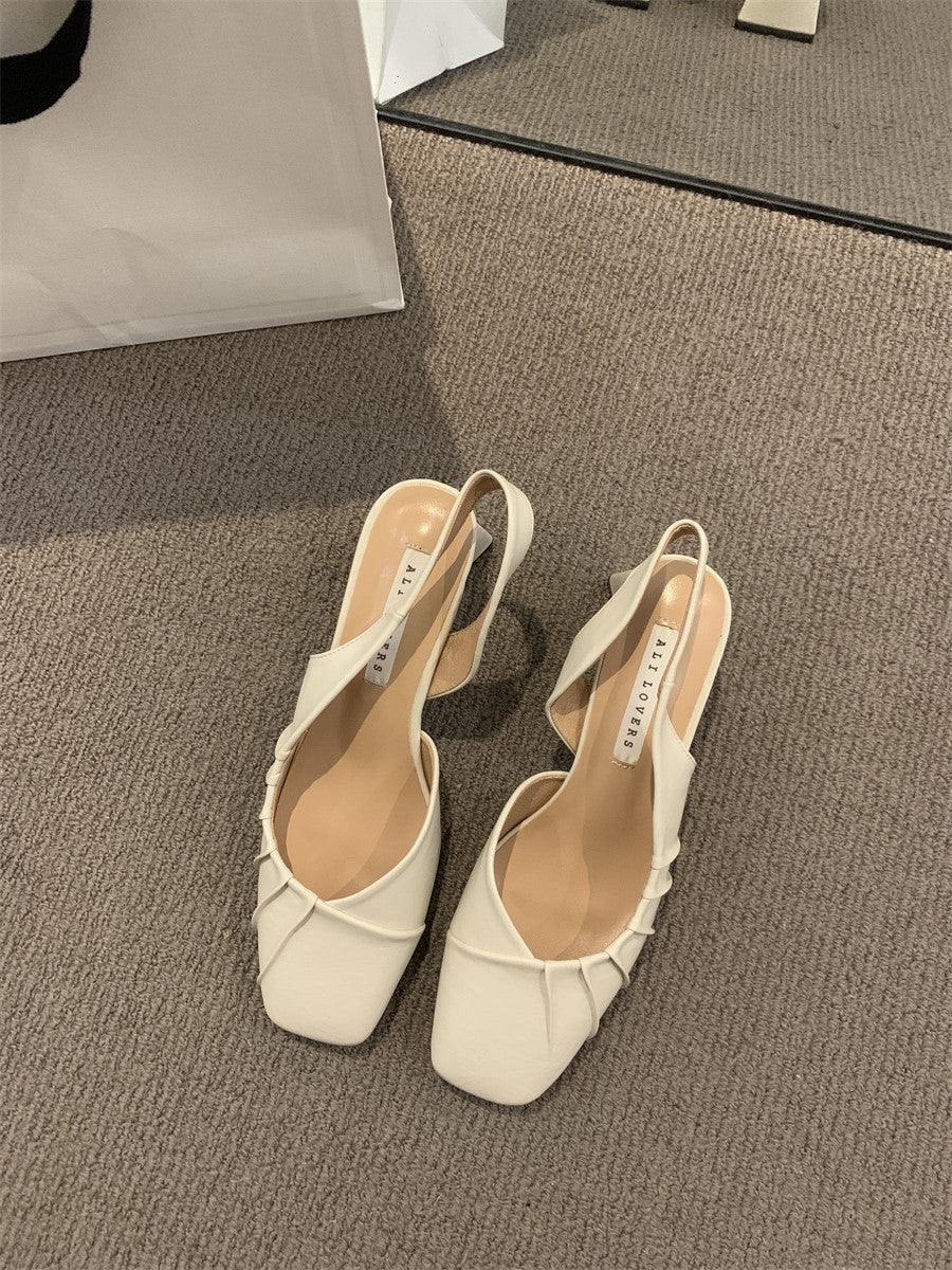 2024Spring Summer New High Heel Closed Toe Backless Sandals Women's Shoes Chunky Heel Shallow Mouth French Gentle Style Single Shoes Women's Shoes