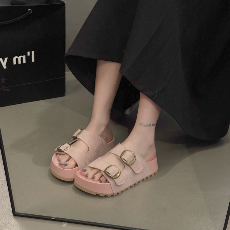 Solid Color Rubber Mid Heel(3-5cm)Platform Sole Suede Slippers
