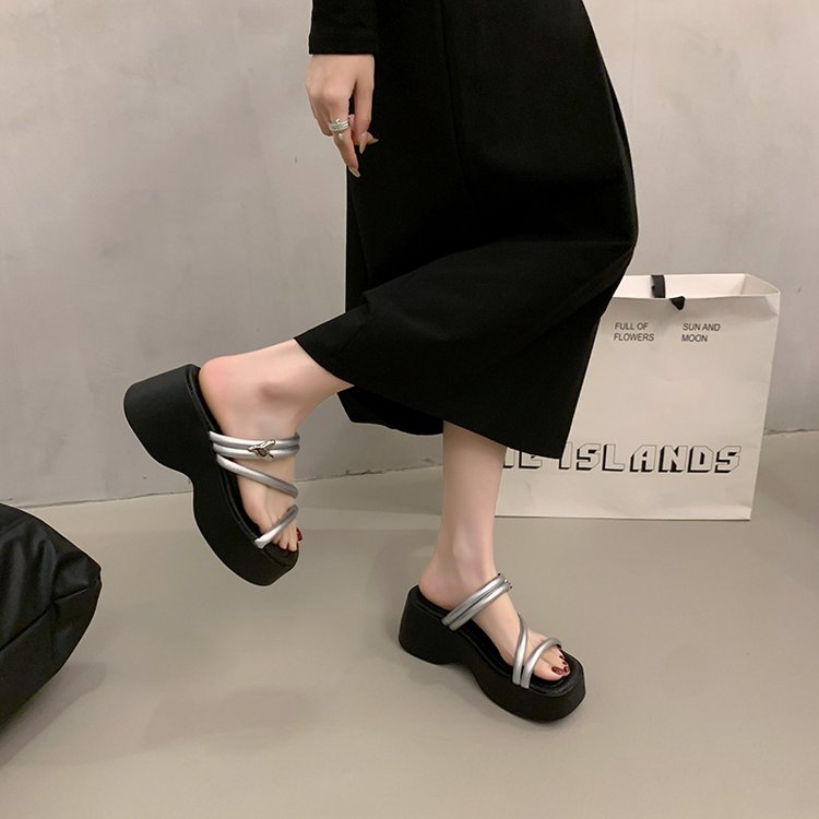 Solid Color Platform Sole Slippers PU Rubber mid-heel(3-5cm)