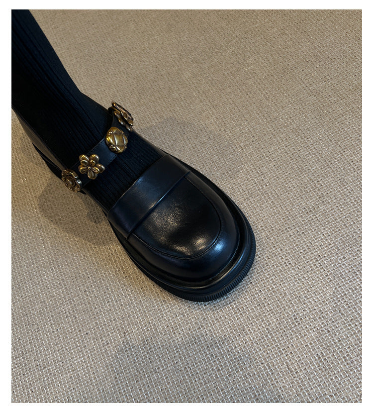 Thick-Soled Metal Buckle Elastic Short Boots Retro College Style Knitted Slim Boots Women Versatile Loafers Sock Boots