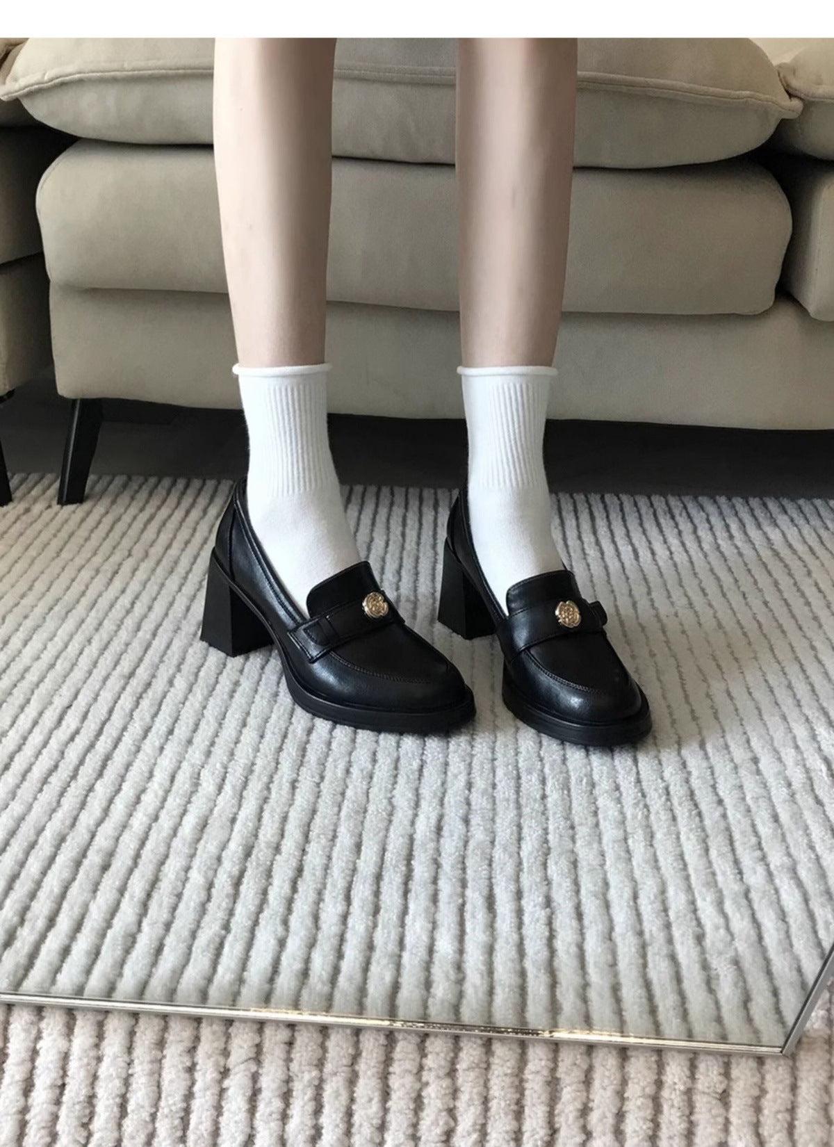 Camellia Loafers for Women2024New French Style Chunky Heel Black High Heel British Style Small Leather Shoes