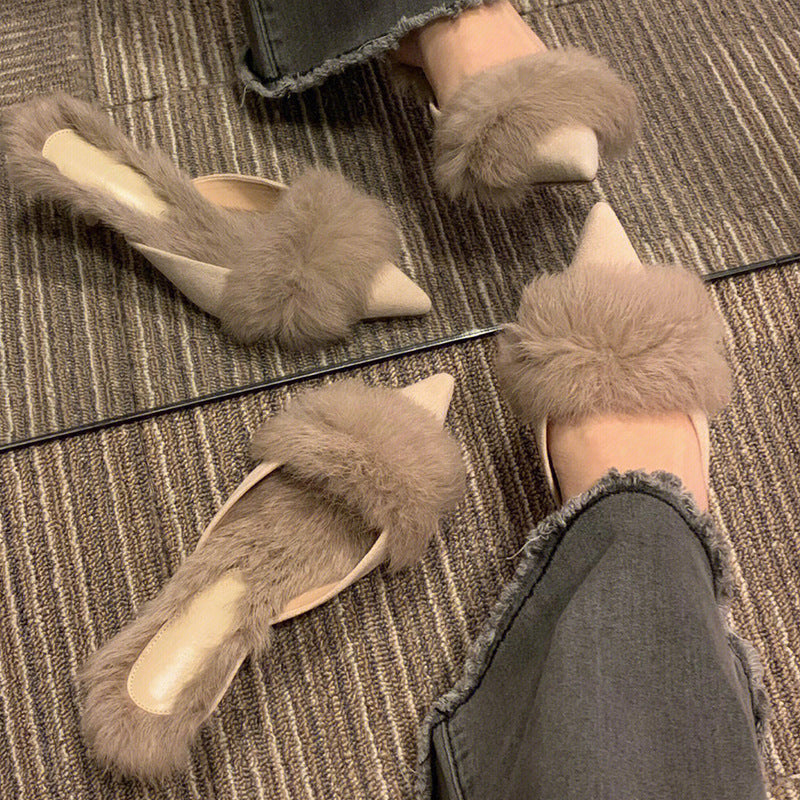 Autumn and Winter2024New Pointed Toe Furry Warm Thin Heel High Heel Mules Women Closed Toe Mules Slippers