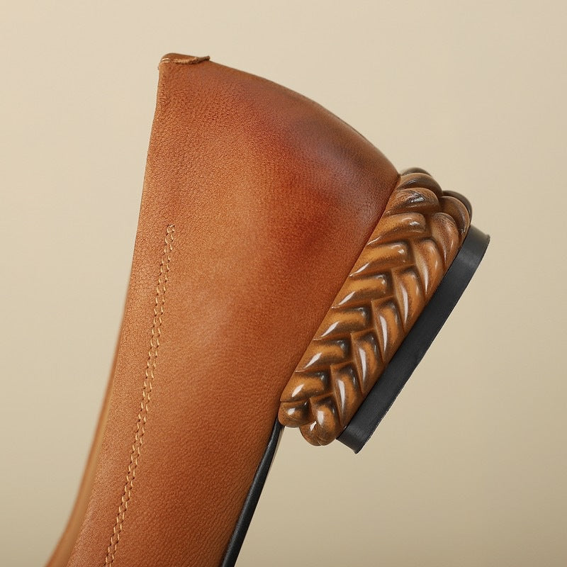 French Retro Color-Washed Pointed Toe Shallow Mouth Women's Shoes2023Spring new style comfortable soft leather thick heel low heel shoes