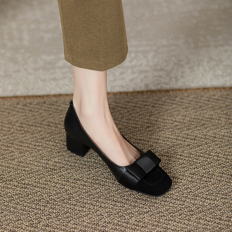 French style color-blocking high heels for women2024Spring and Autumn New Style Chunky Heel Bow Retro Mid-Heel Single Shoes