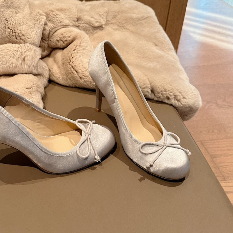 Women's High Heels2025New Spring Style Thin Heel Round Toe Bow Satin Ballet Gentle French Style Elegant Single Shoes Black