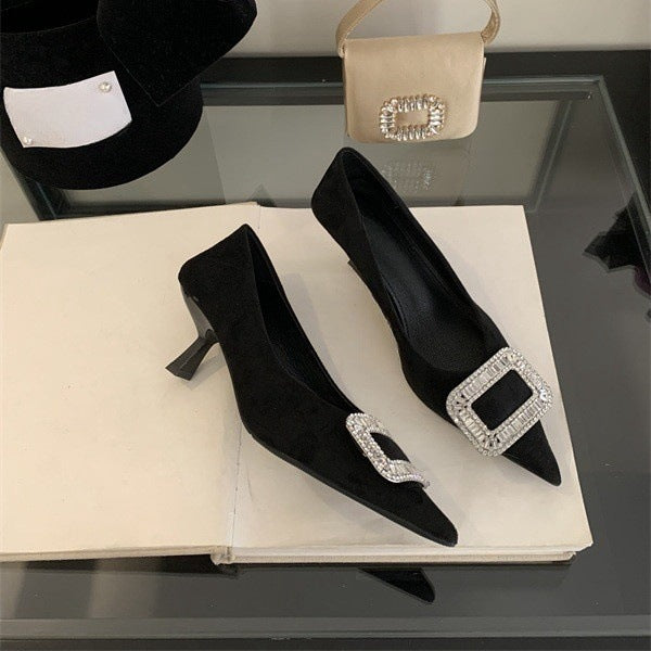 French pointed toe high heels stiletto single shoes for women2025Spring and Autumn New Style Cat Heel Elegant Rhinestone Black Work Shoes