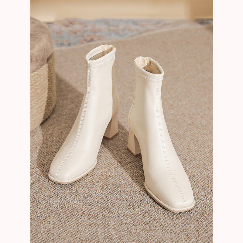 Women's White Martin Boots2024New Spring and Autumn Thick Heel Short Boots British Style Women's Slim Winter Fleece Boots