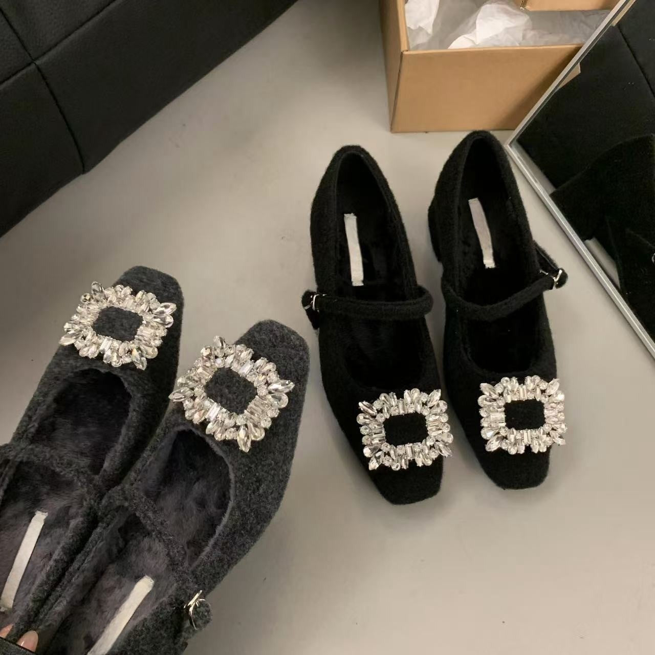 Thick Heel High Heel Black Square Toe Rhinestone Single Shoes Women's Shoes2024New autumn and winter fleece-lined Mary Jane furry shoes