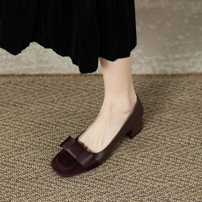 French style color-blocking high heels for women2024Spring and Autumn New Style Chunky Heel Bow Retro Mid-Heel Single Shoes