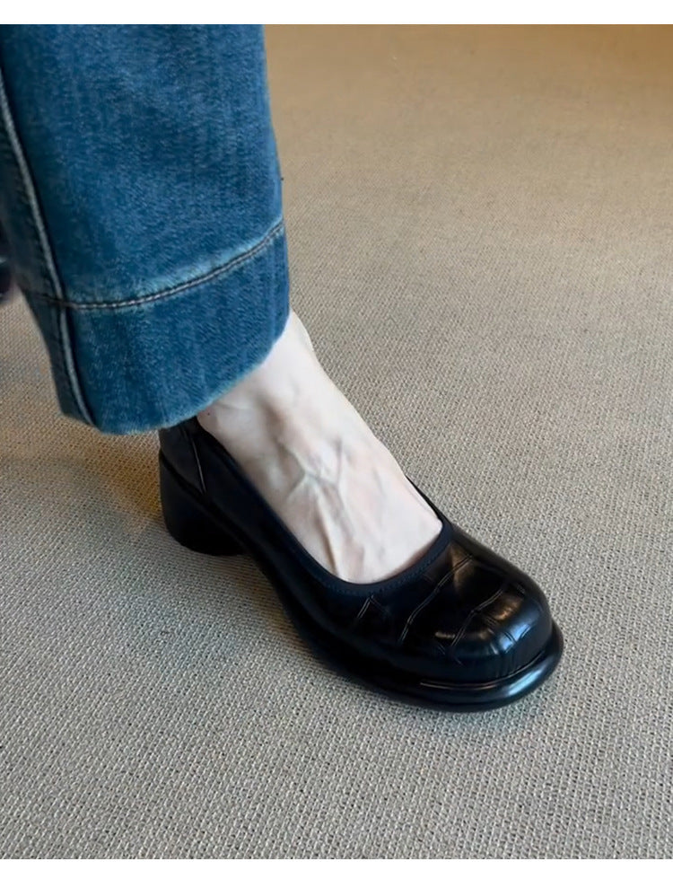 Vintage Shallow Mouth Single Shoes for Women, Round Toe, Chunky Heel, Slip-On Mary Jane Shoes, British Style Small Leather Shoes