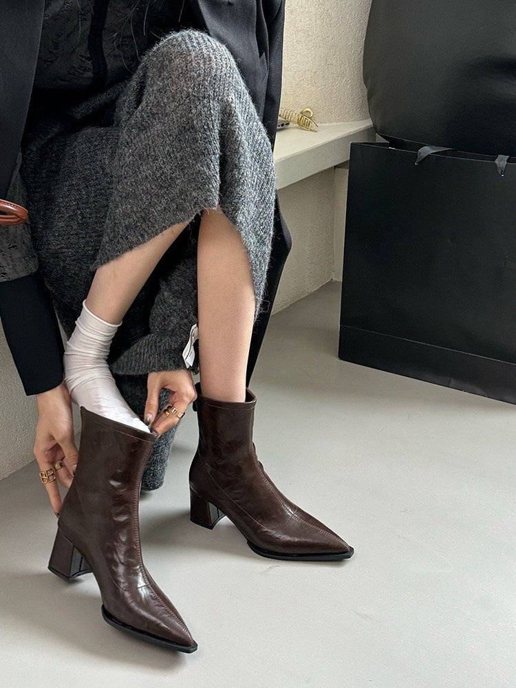 Pointed Toe Short Boots for Women2024New Autumn Winter Women's Boots Niche Slim Boots Design Sense Chunky Heel High Heel Short Boots