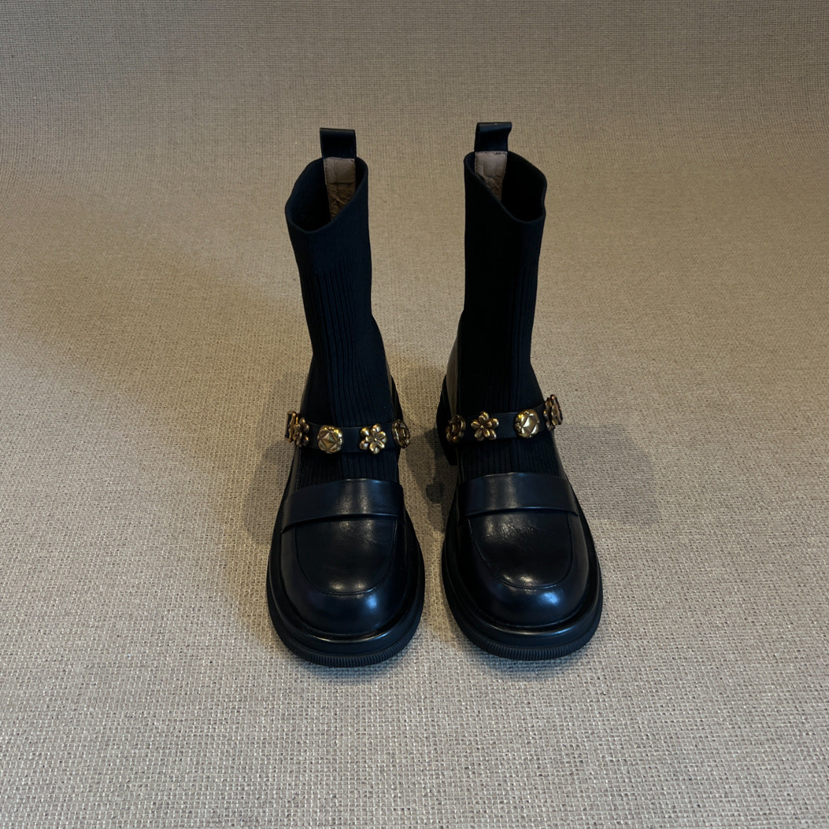 Thick-Soled Metal Buckle Elastic Short Boots Retro College Style Knitted Slim Boots Women Versatile Loafers Sock Boots