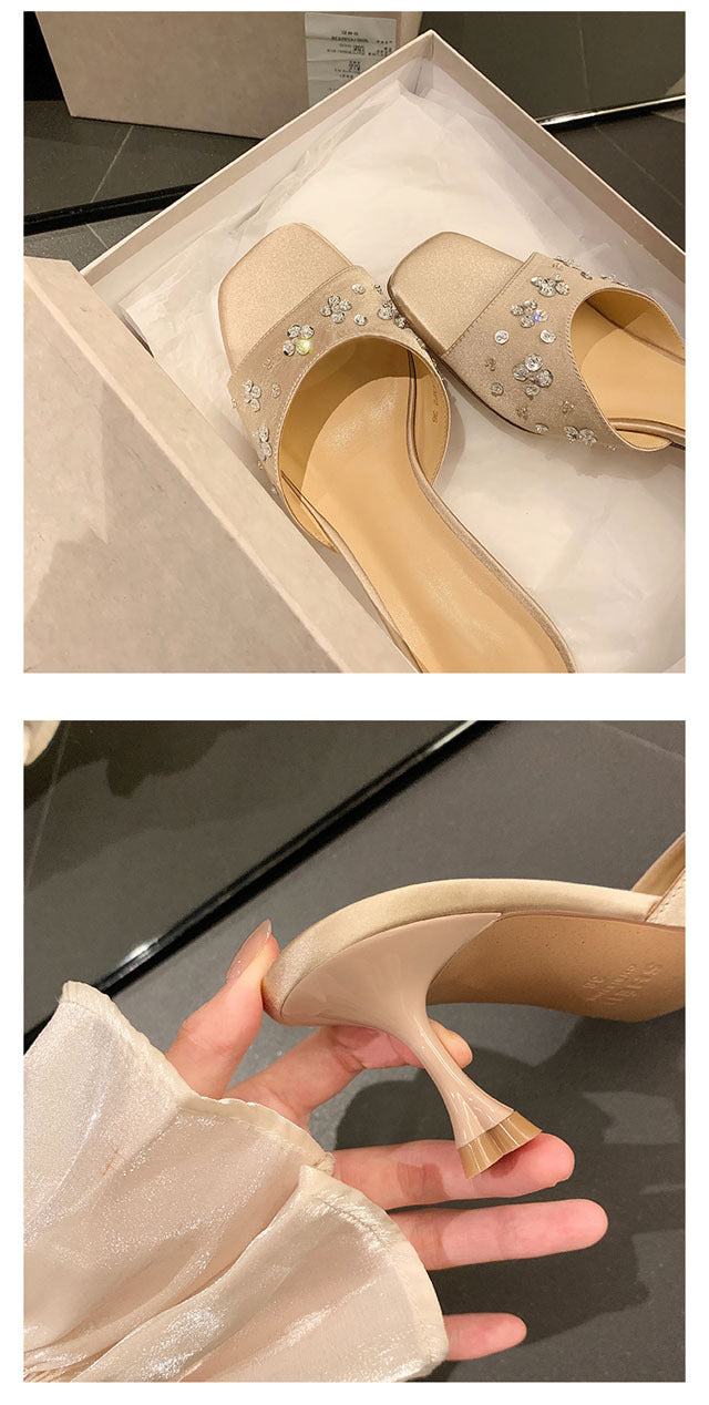 French Style Square Toe One Strap High Heels Petal Rhinestone Satin Kitten Heel Sandals for Women Summer Outdoor Wear