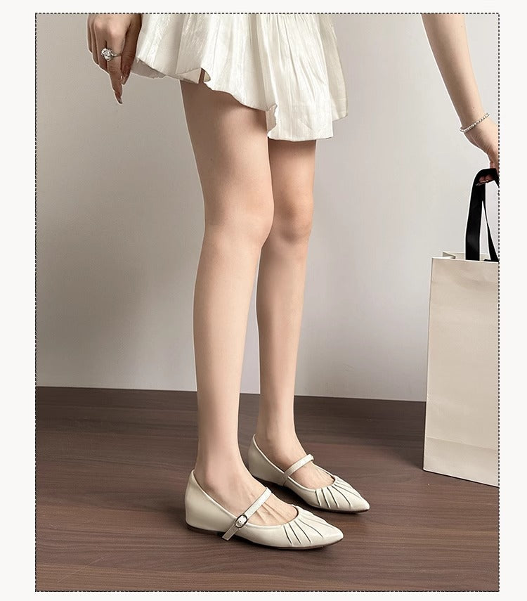 Height Increasing Insole Women's Shoes2024Summer New Retro One-Strap Mary Jane Pleated Pointed Toe Shoes