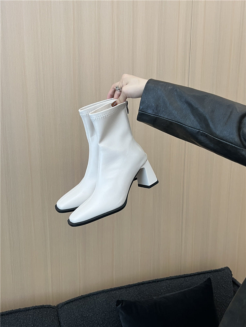 High Heel Slim Boots for Women Little Fairy2024New Year's Thick Heel Chimney Boots Internet Celebrity Fashion Chelsea Short Boots