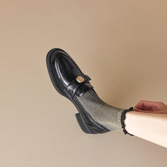 Left Bank Paris~!Chunky Heel British Style Gold Buckle Loafers for Women, Patent Leather Black Single Shoes
