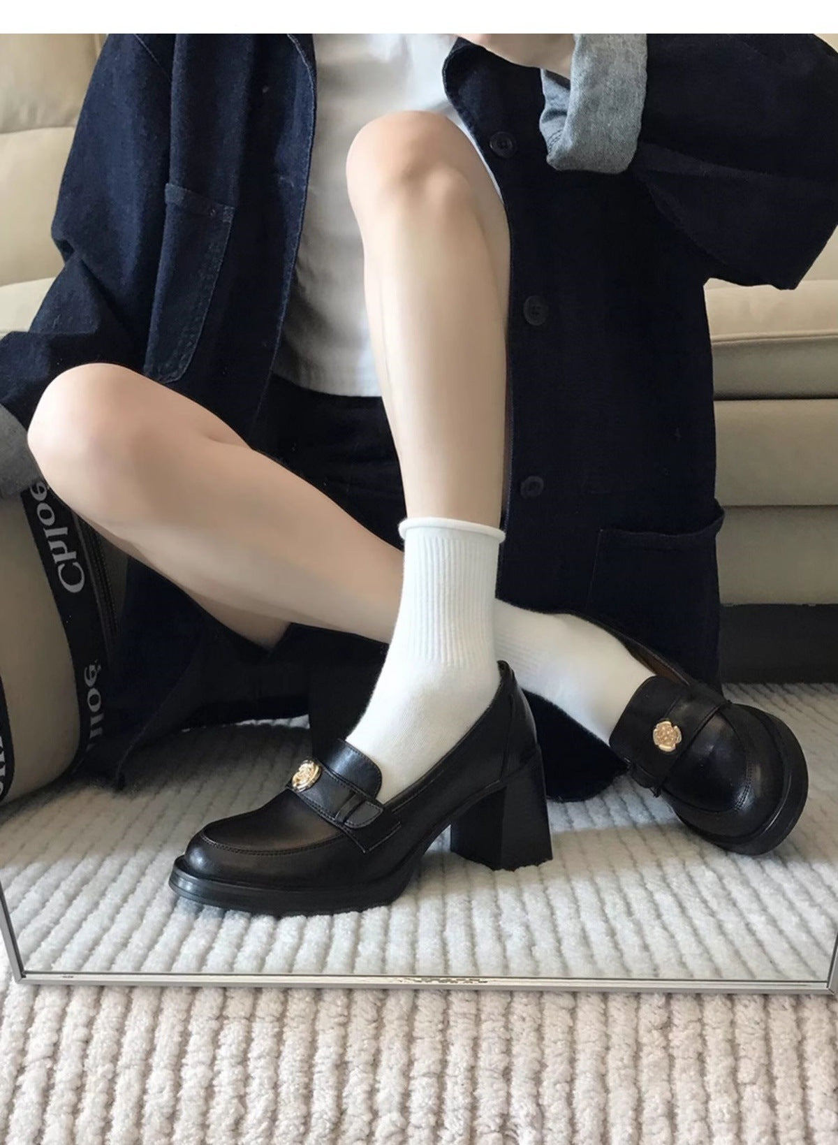 Camellia Loafers for Women2024New French Style Chunky Heel Black High Heel British Style Small Leather Shoes