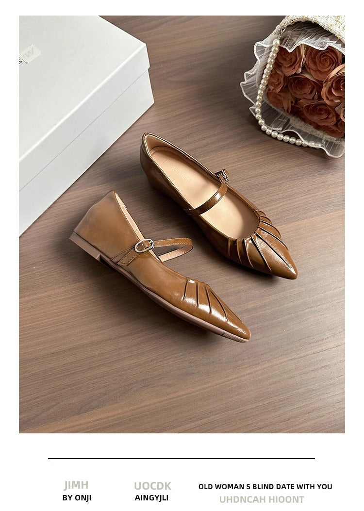 Height Increasing Insole Women's Shoes2024Summer New Retro One-Strap Mary Jane Pleated Pointed Toe Shoes