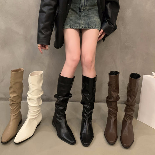 Chunky Heel Ruched Slouchy Long Tube Riding Boots for Women2024New Spring and Autumn Western Slim Mid-Calf Long Boots