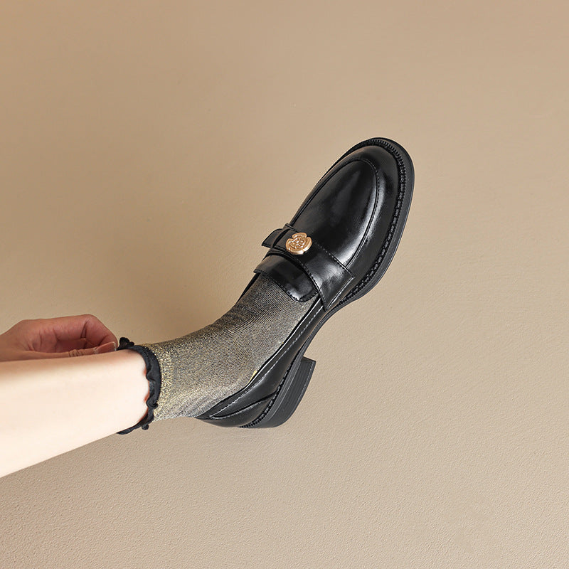 Left Bank Paris~!Chunky Heel British Style Gold Buckle Loafers for Women, Patent Leather Black Single Shoes