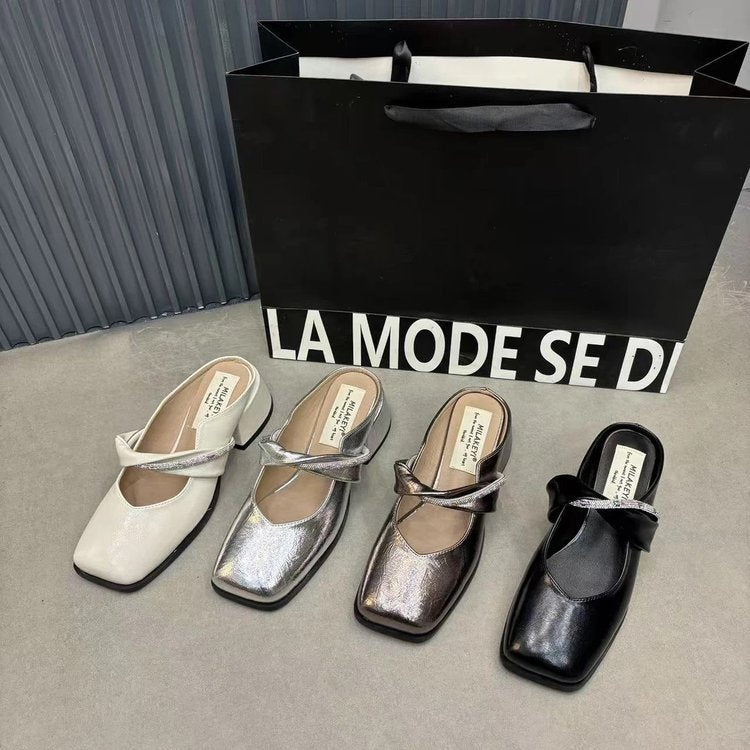 Middle Heel(3-5cm)Rubber Slippers PU Closed-Toe Square Heel