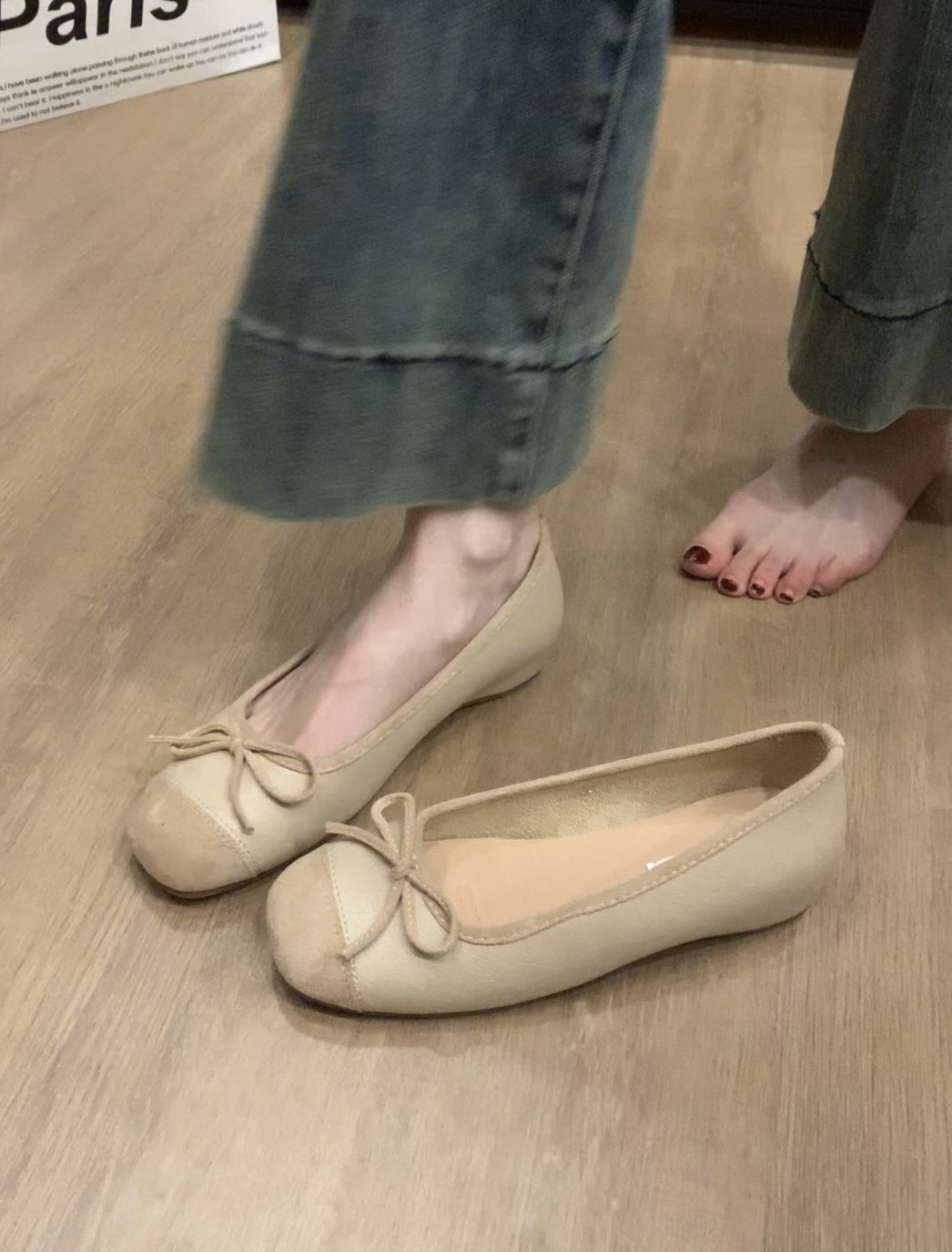 Women's French Style Shoes with Hidden Wedge2025Spring and Autumn New Suede Bowknot Slip-On Light Mouth Apricot Evening Shoes