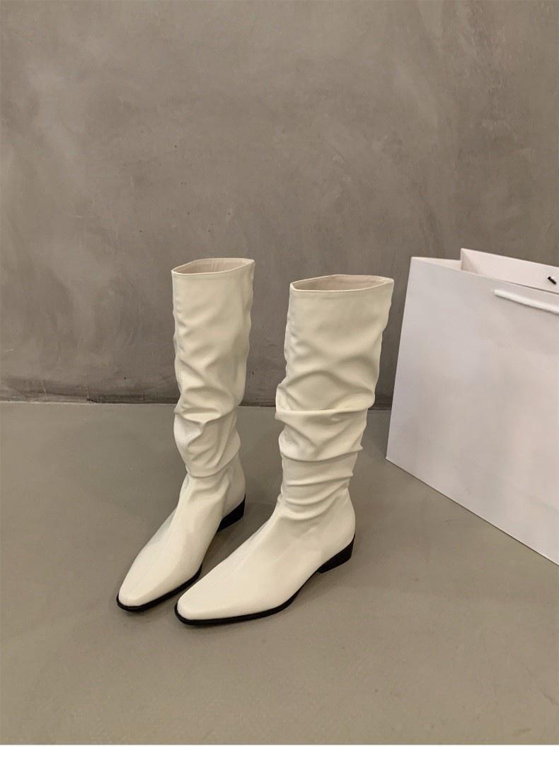 Chunky Heel Ruched Slouchy Long Tube Riding Boots for Women2024New Spring and Autumn Western Slim Mid-Calf Long Boots