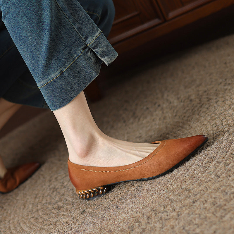 French Retro Color-Washed Pointed Toe Shallow Mouth Women's Shoes2023Spring new style comfortable soft leather thick heel low heel shoes