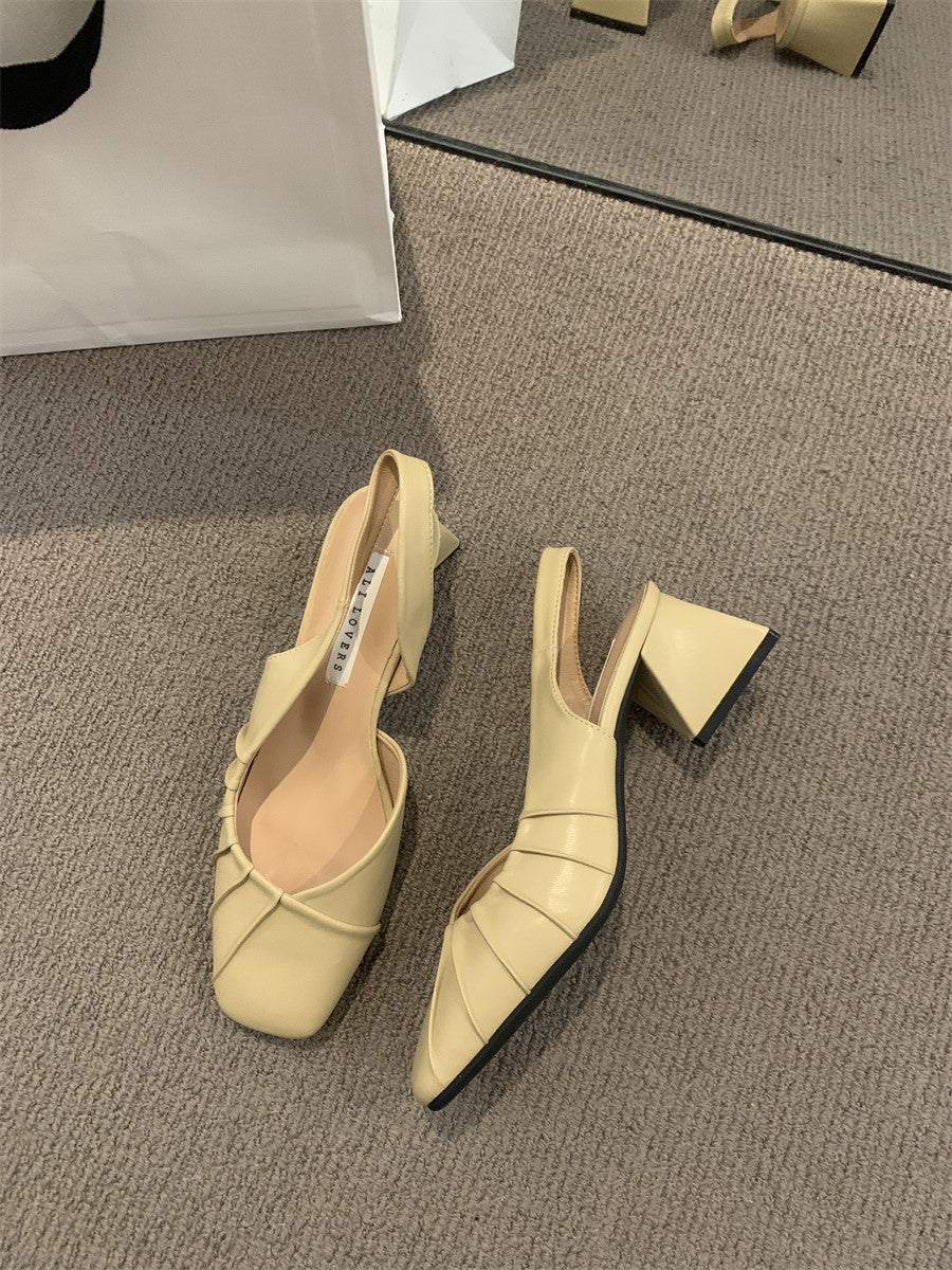 2024Spring Summer New High Heel Closed Toe Backless Sandals Women's Shoes Chunky Heel Shallow Mouth French Gentle Style Single Shoes Women's Shoes