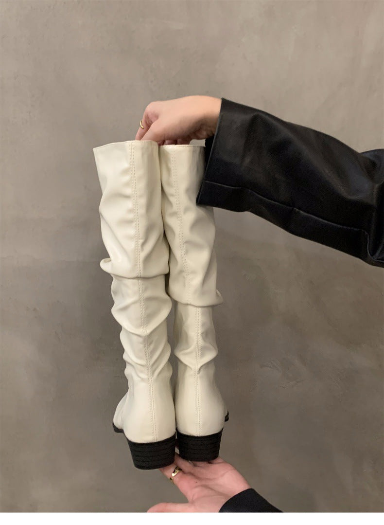 Chunky Heel Ruched Slouchy Long Tube Riding Boots for Women2024New Spring and Autumn Western Slim Mid-Calf Long Boots