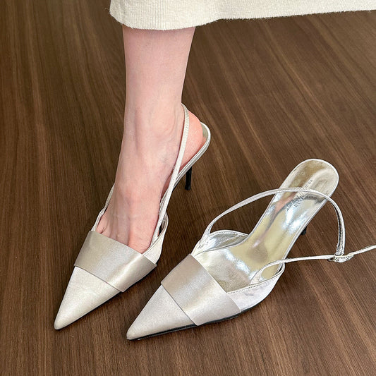 Cool and sophisticated!Pointed Toe silver Satin Sandals for Women, Closed Toe, Open Back, Stiletto High Heels2025