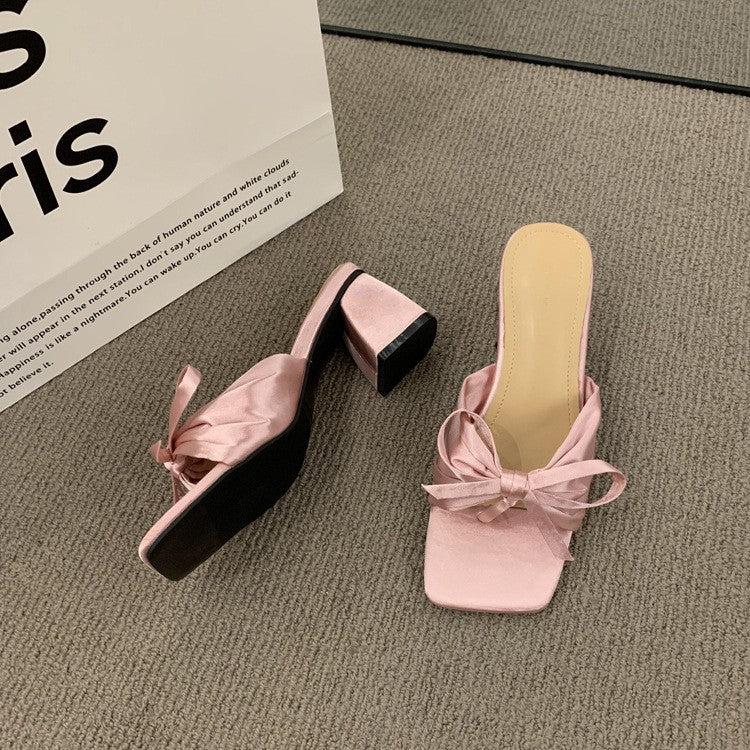 French-style High-end Satin Bow Thick Heel Sandals for Women2023New summer open-toe high heels