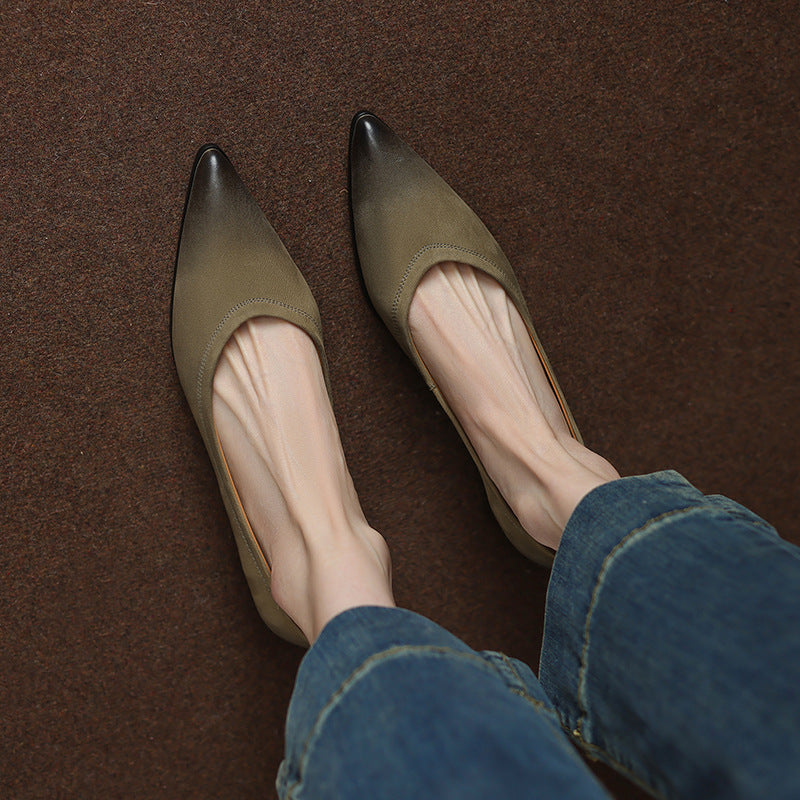 French Retro Color-Washed Pointed Toe Shallow Mouth Women's Shoes2023Spring new style comfortable soft leather thick heel low heel shoes