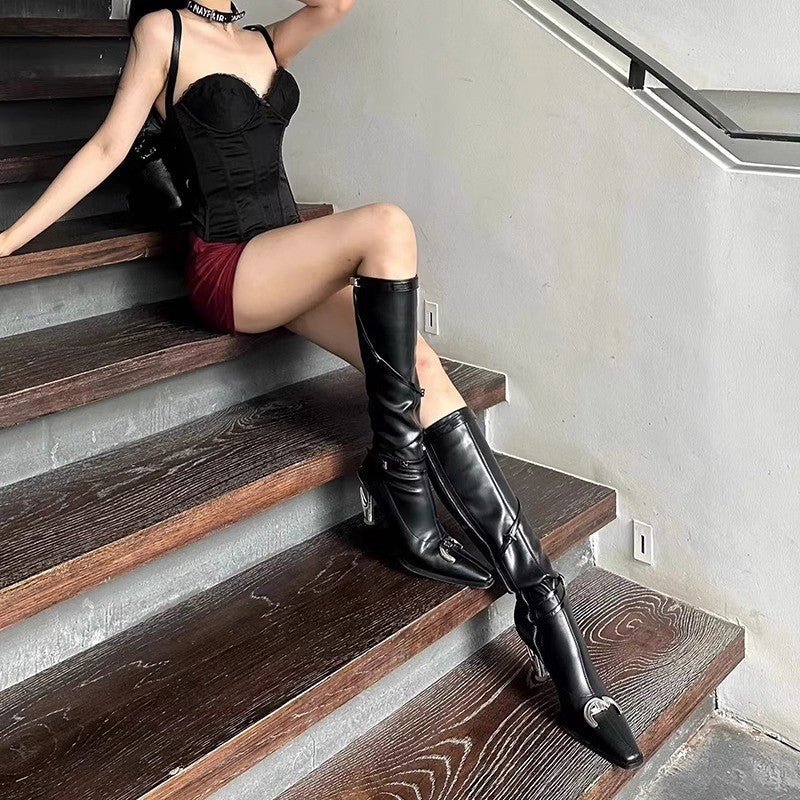 Women's High Heel Long Boots with Unique Shape2023New Year's Belt Functional Style Hot Girl High Heel Pointed Toe Over-the-Knee Boots