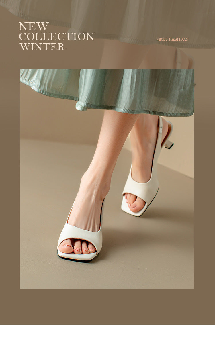 French Style Simple Open Back Peep Toe High Heels Elegant Slim Mid Heel Stiletto Sandals for Women Summer2024New